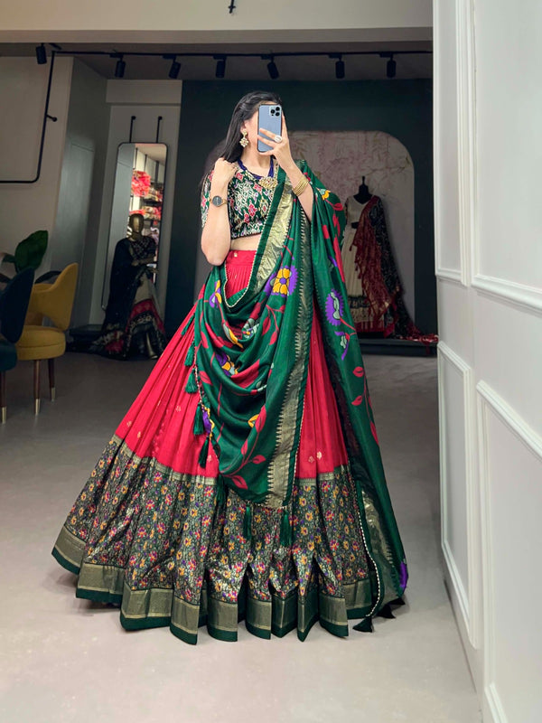 Tussar Silk Red Lehenga Choli Set: Printed Elegance with Foil Work ClothsVilla