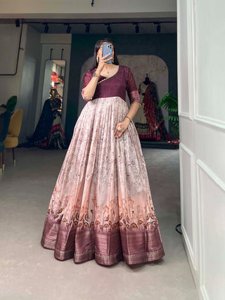 Tussar Silk Wine Printed Gown with Adjustable Comfort ClothsVilla