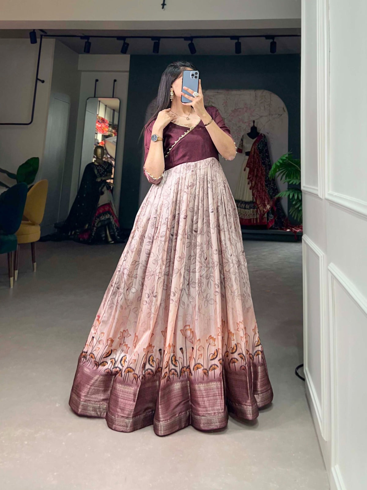 Tussar Silk Wine Printed Gown with Adjustable Comfort ClothsVilla