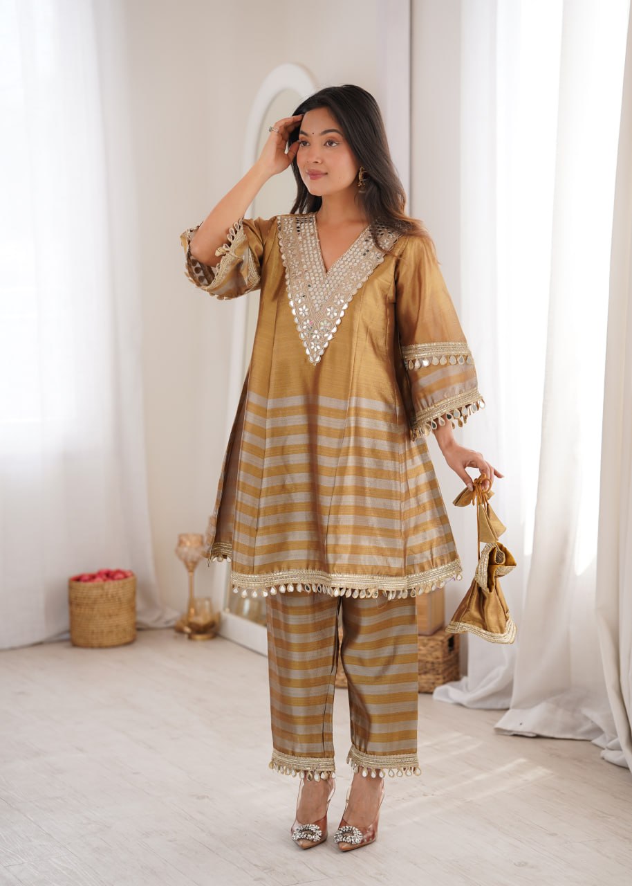 Two-Tone Mirror Work Kurta Set with Batwa ClothsVilla