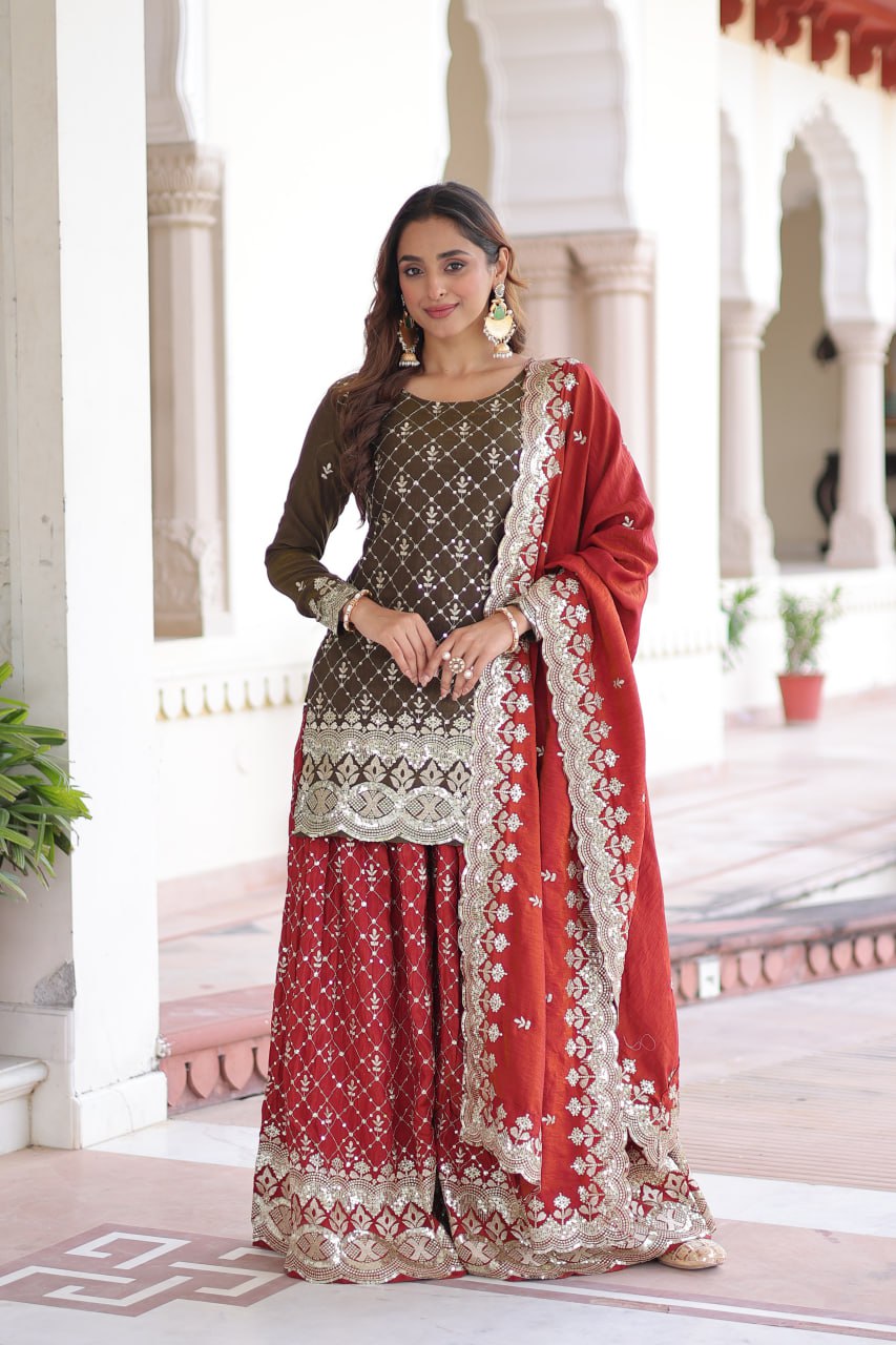 Two-Tone Vichitra Silk Top Sharara Set ClothsVilla