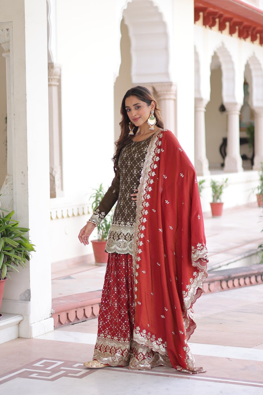 Two-Tone Vichitra Silk Top Sharara Set ClothsVilla