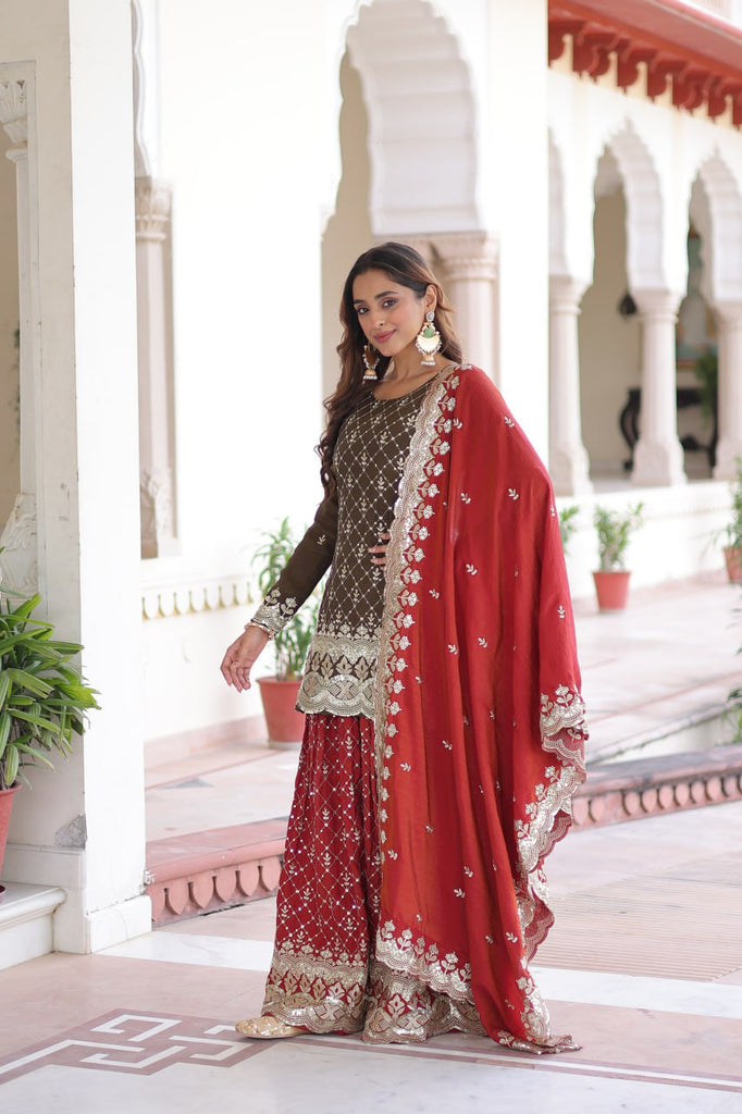 Two-Tone Vichitra Silk Top Sharara Set ClothsVilla