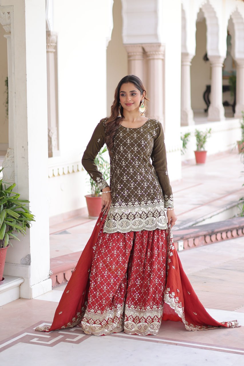 Two-Tone Vichitra Silk Top Sharara Set ClothsVilla