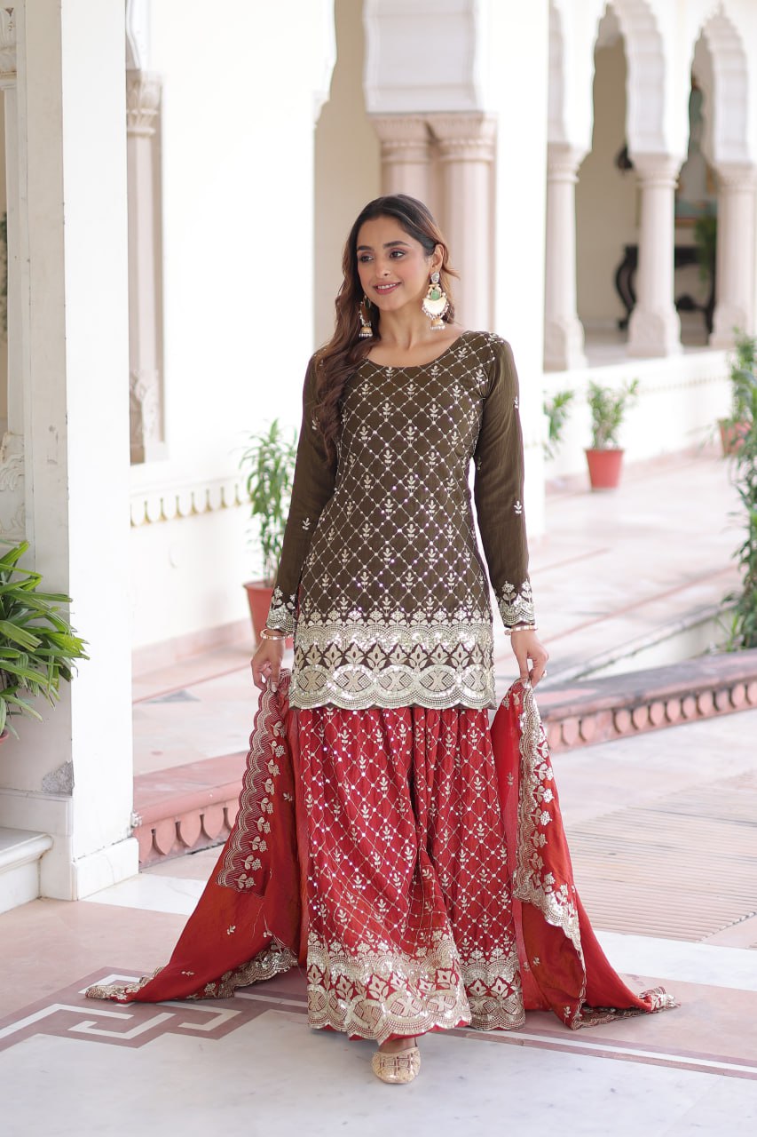 Two-Tone Vichitra Silk Top Sharara Set ClothsVilla
