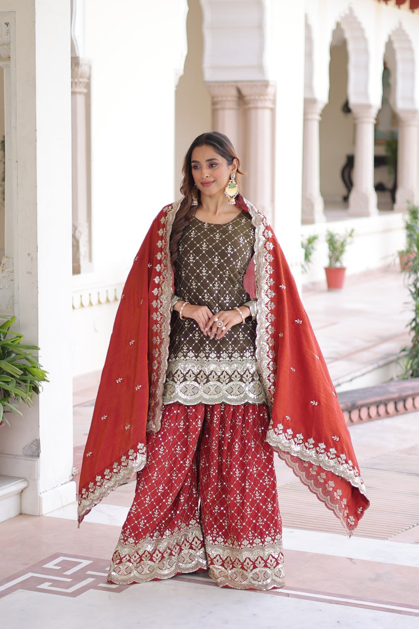 Two-Tone Vichitra Silk Top Sharara Set ClothsVilla