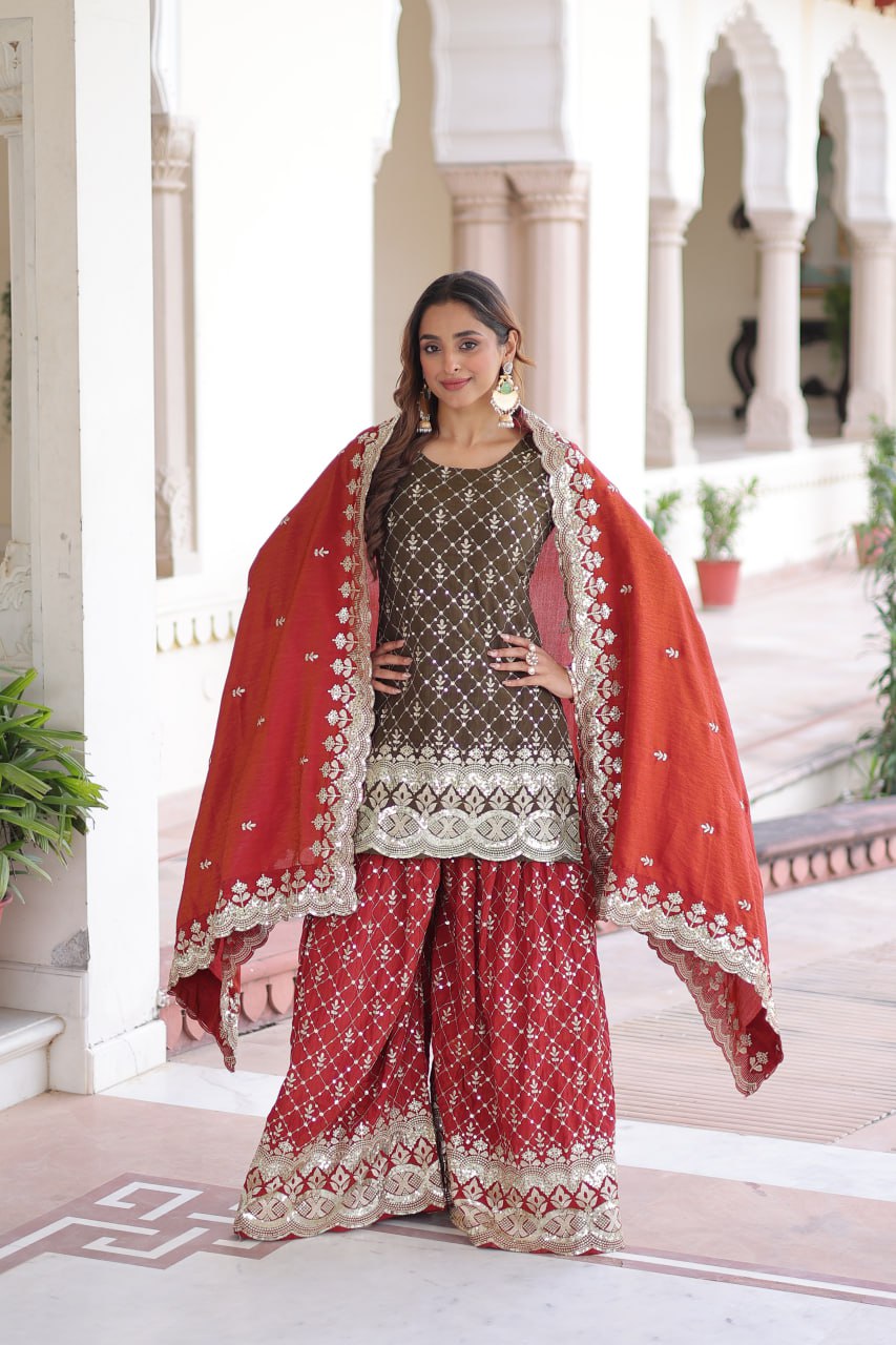 Two-Tone Vichitra Silk Top Sharara Set ClothsVilla