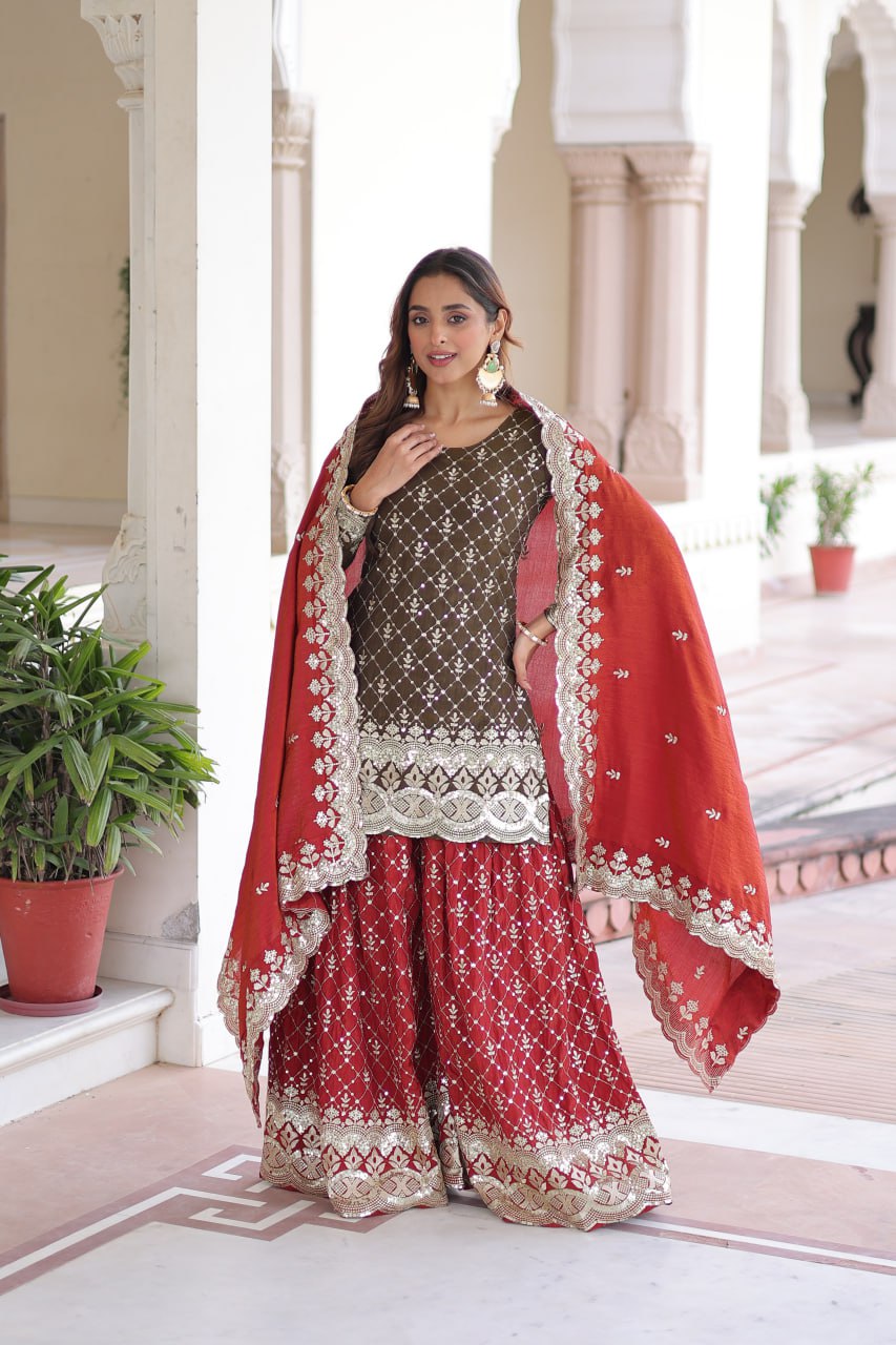 Two-Tone Vichitra Silk Top Sharara Set ClothsVilla