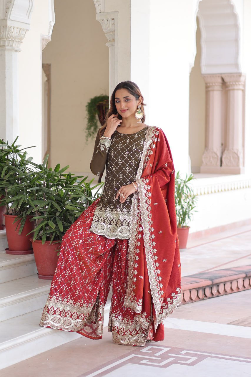 Two-Tone Vichitra Silk Top Sharara Set ClothsVilla