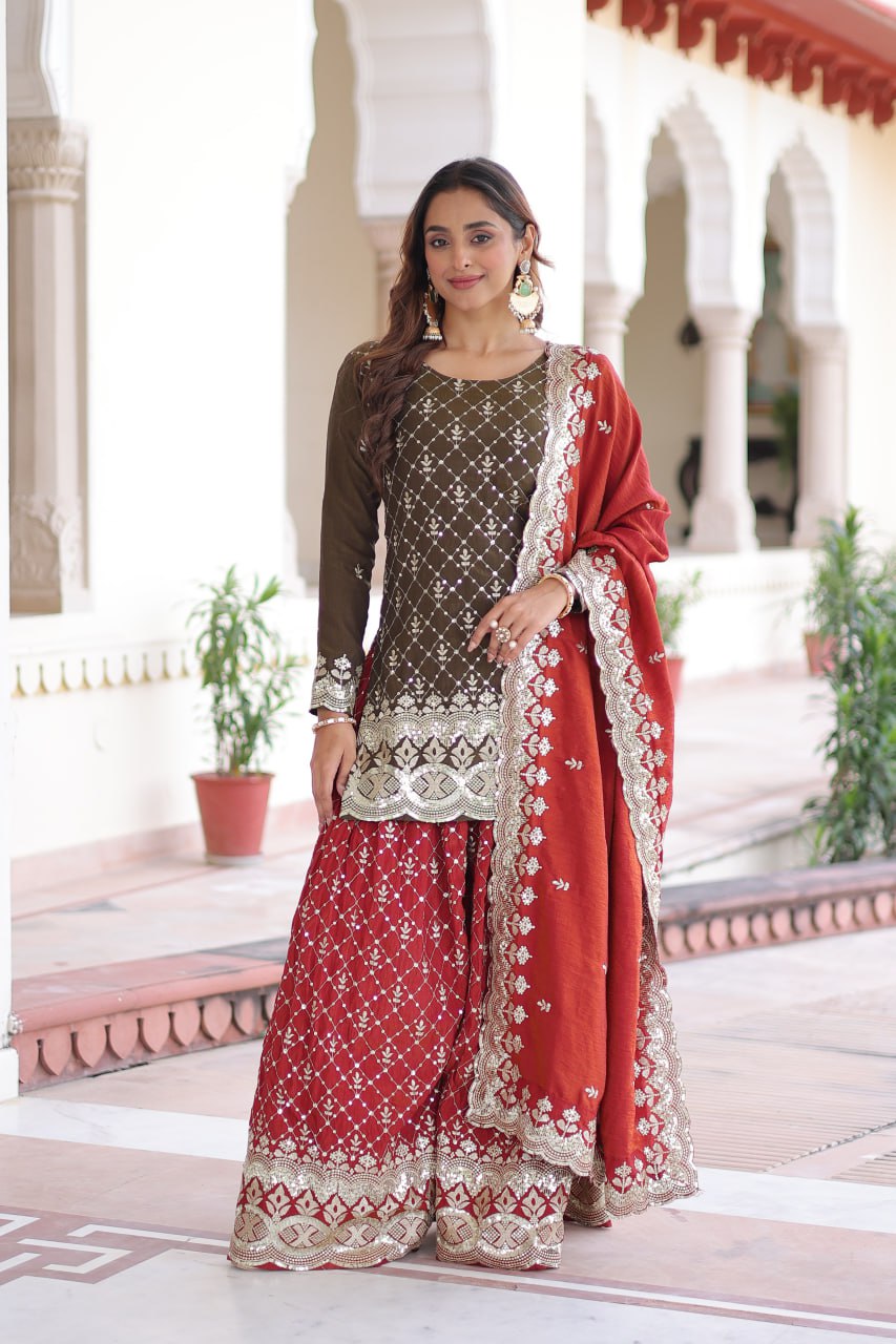 Two-Tone Vichitra Silk Top Sharara Set ClothsVilla