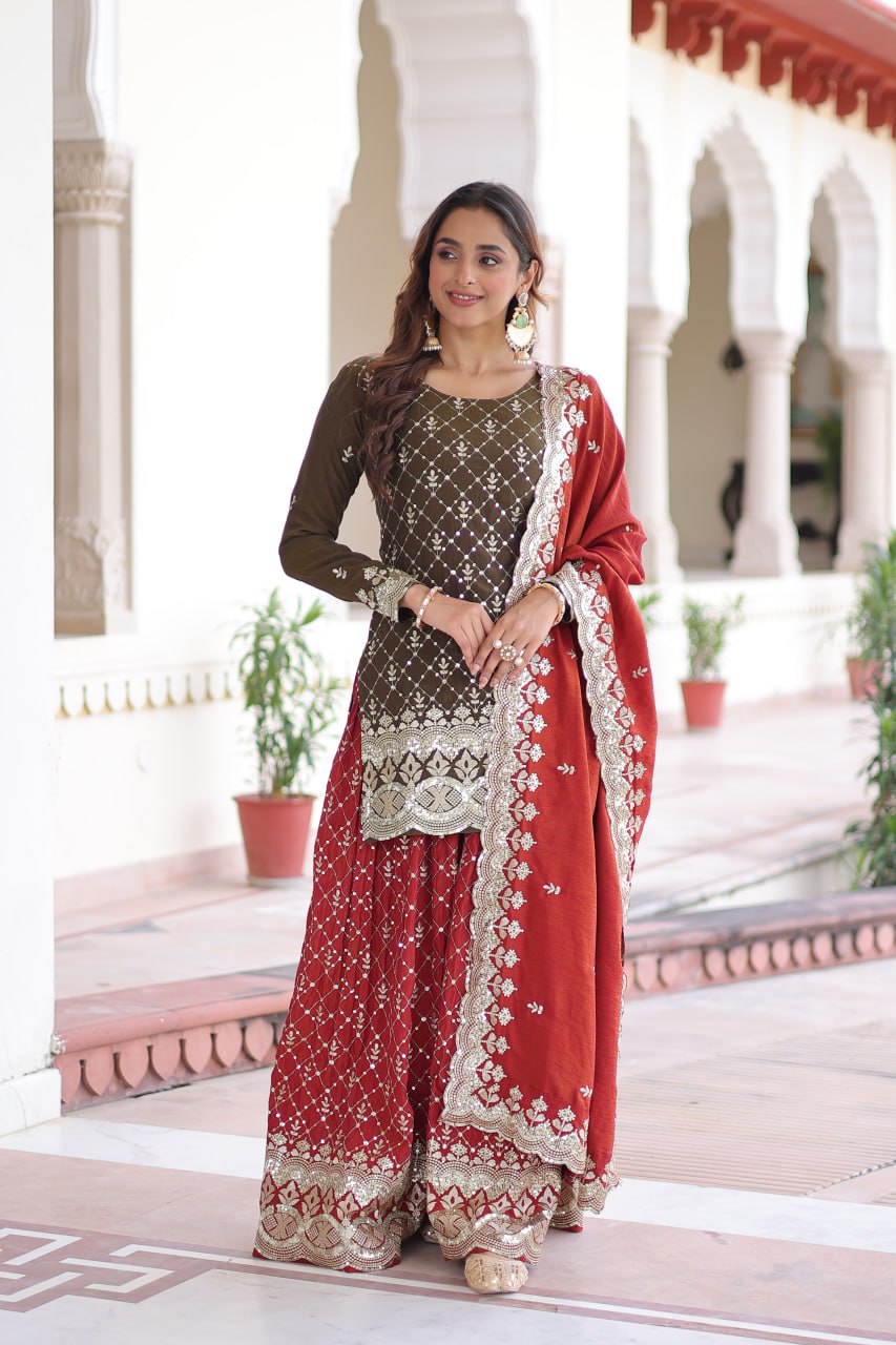 Two-Tone Vichitra Silk Top Sharara Set ClothsVilla