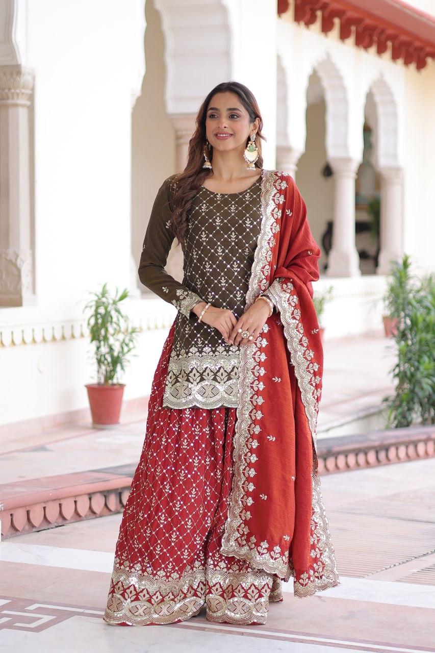 Two-Tone Vichitra Silk Top Sharara Set ClothsVilla