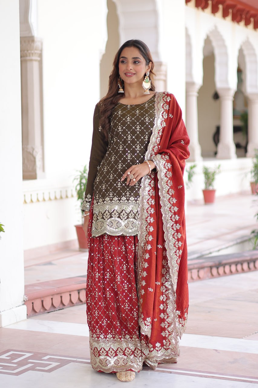Two-Tone Vichitra Silk Top Sharara Set ClothsVilla