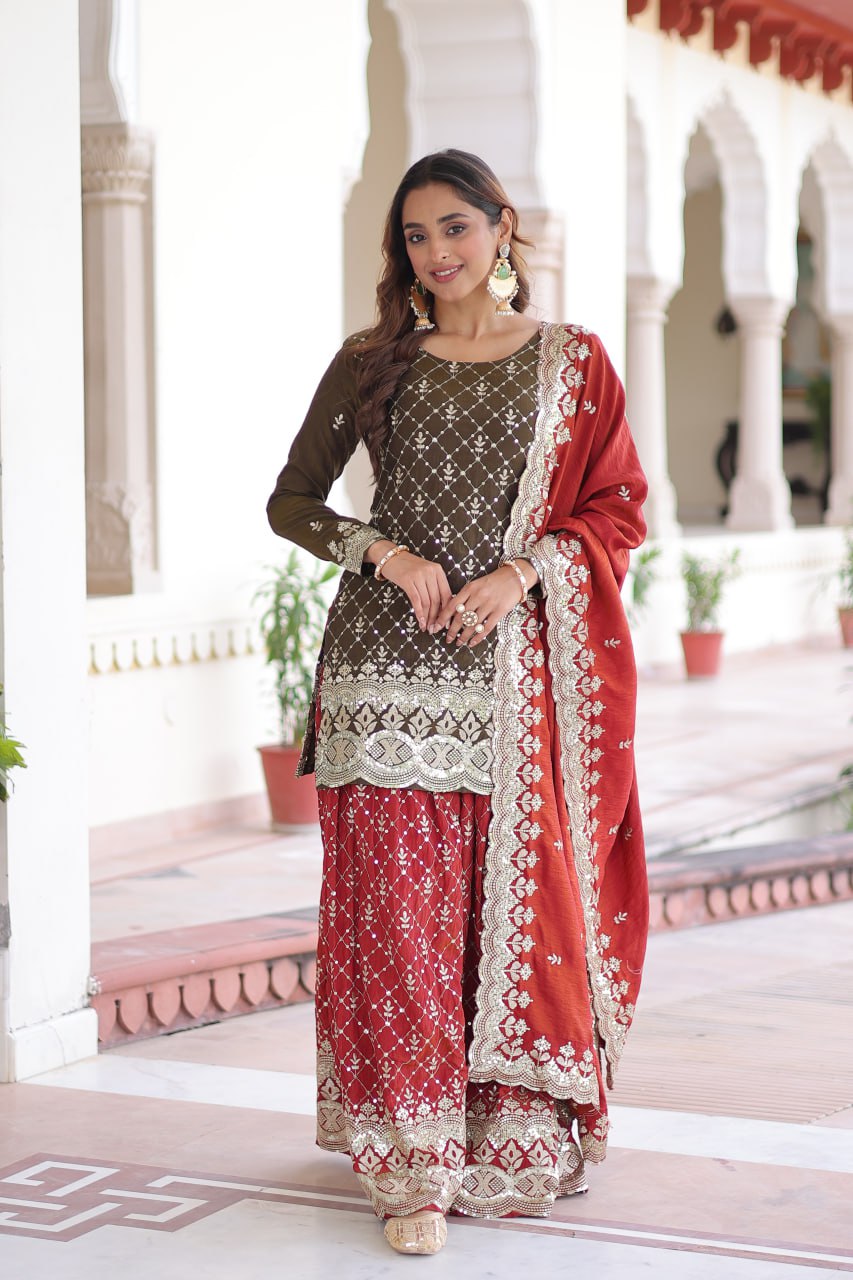 Two-Tone Vichitra Silk Top Sharara Set ClothsVilla