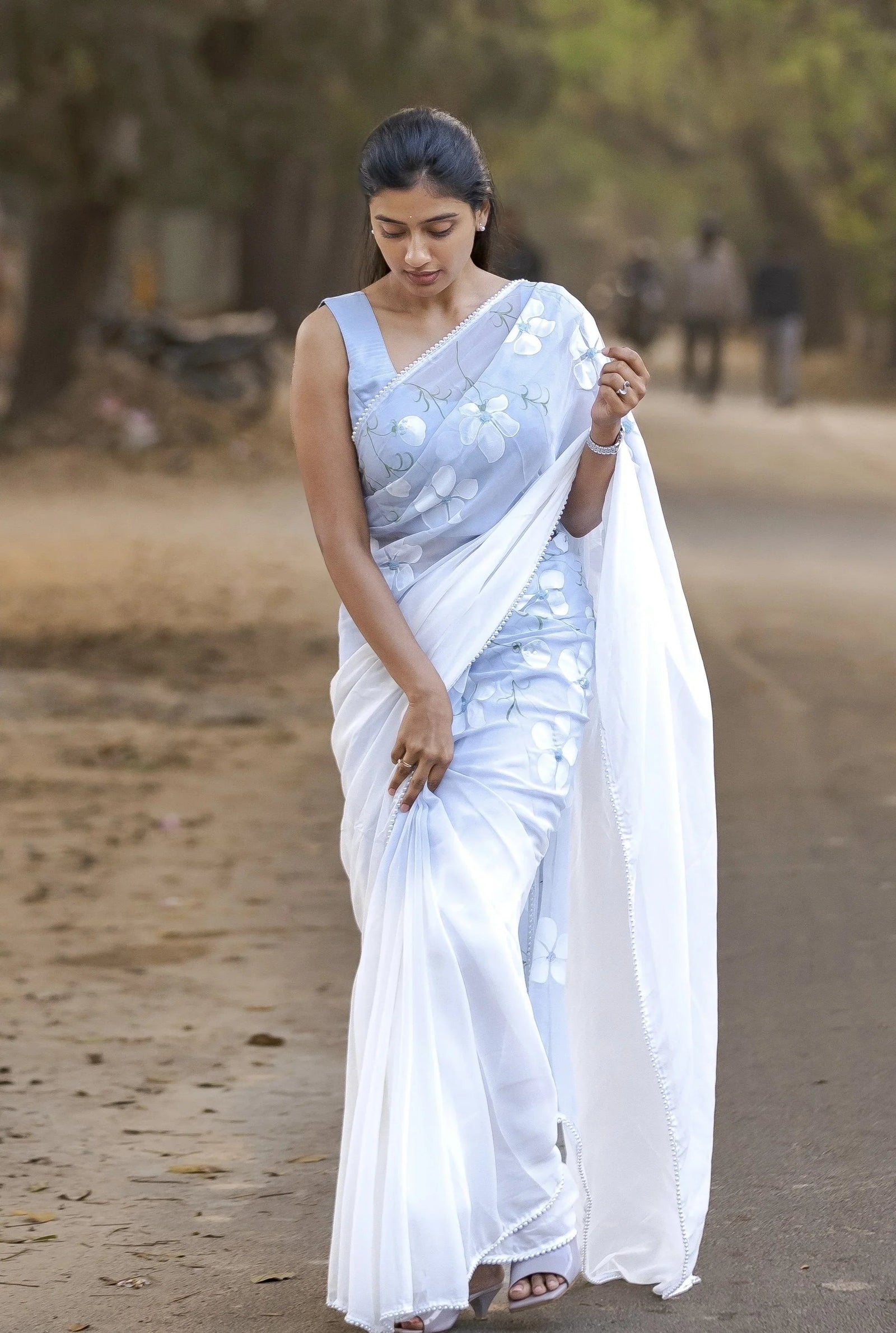 Sky Blue Pure Georgette Hand-Painted Saree with White Floral Motifs and Sequins | Modal Satin Blouse FANCY SAREES