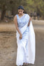 Sky Blue Pure Georgette Hand-Painted Saree with White Floral Motifs and Sequins | Modal Satin Blouse FANCY SAREES