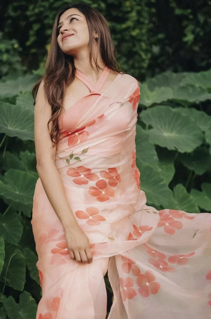 Peach Blossom Hand-Painted Pure Organza Saree with White Sequin Floral Motifs & Modal Satin Blouse FANCY SAREES