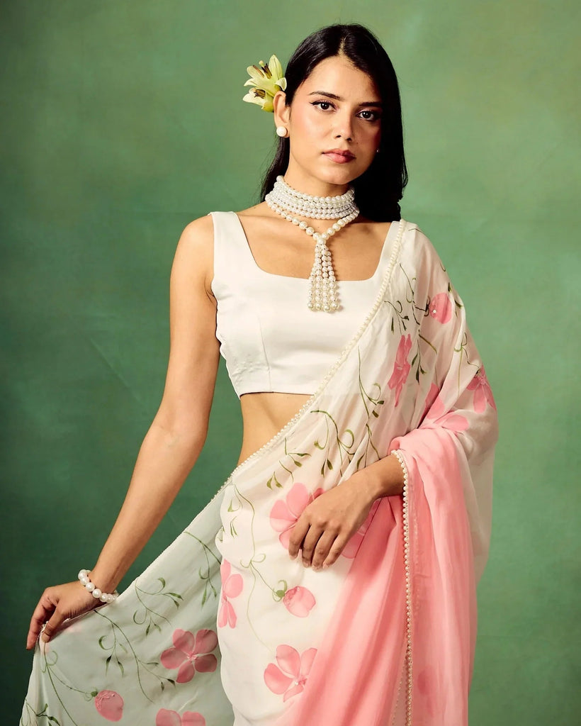 Blush Pink Pure Georgette Hand-Painted Floral Saree with White Motifs & Sequin Accents – Modal Satin Blouse FANCY SAREES