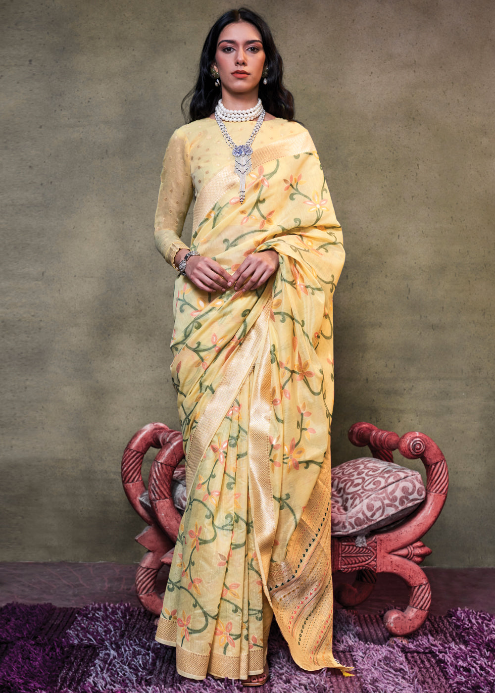 Vanilla Yelolw Elegant Jamdani Modal Cotton Silk Saree – Timeless Weave with Intricate Motifs ClothsVilla
