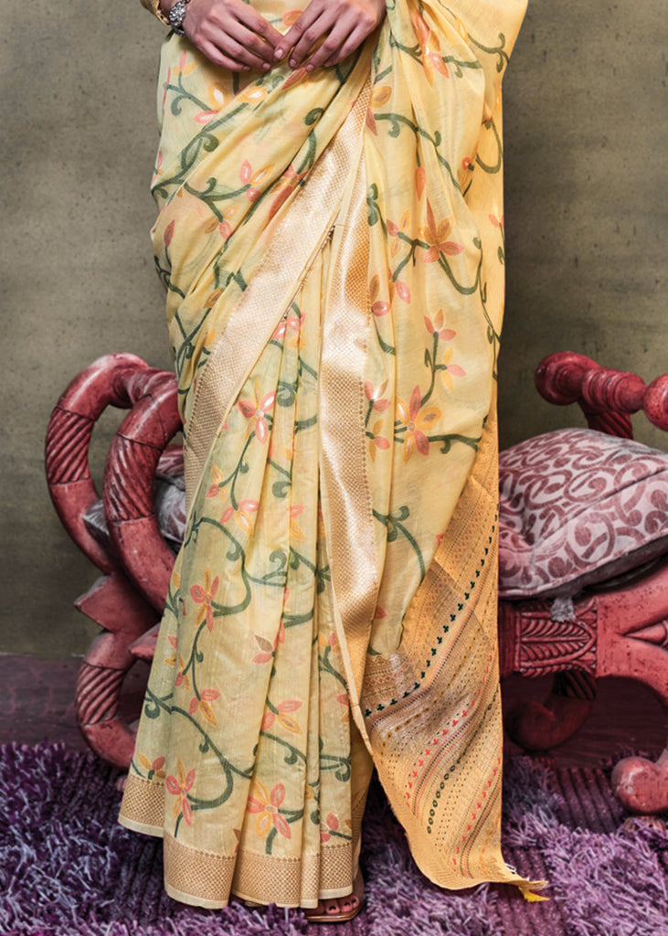 Vanilla Yelolw Elegant Jamdani Modal Cotton Silk Saree – Timeless Weave with Intricate Motifs ClothsVilla