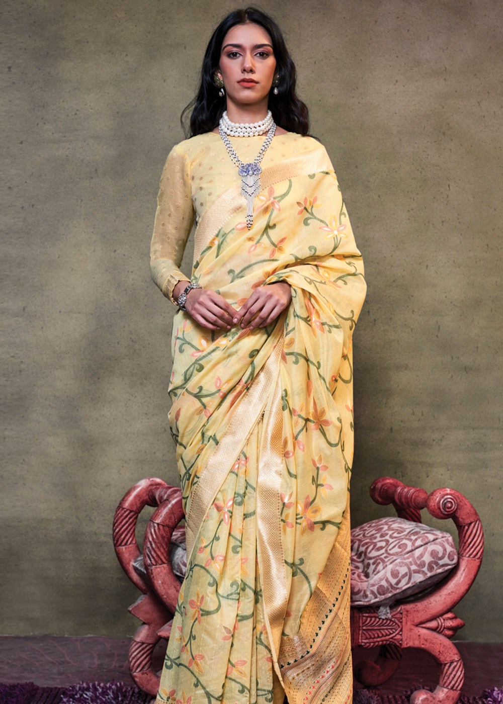 Vanilla Yelolw Elegant Jamdani Modal Cotton Silk Saree – Timeless Weave with Intricate Motifs ClothsVilla