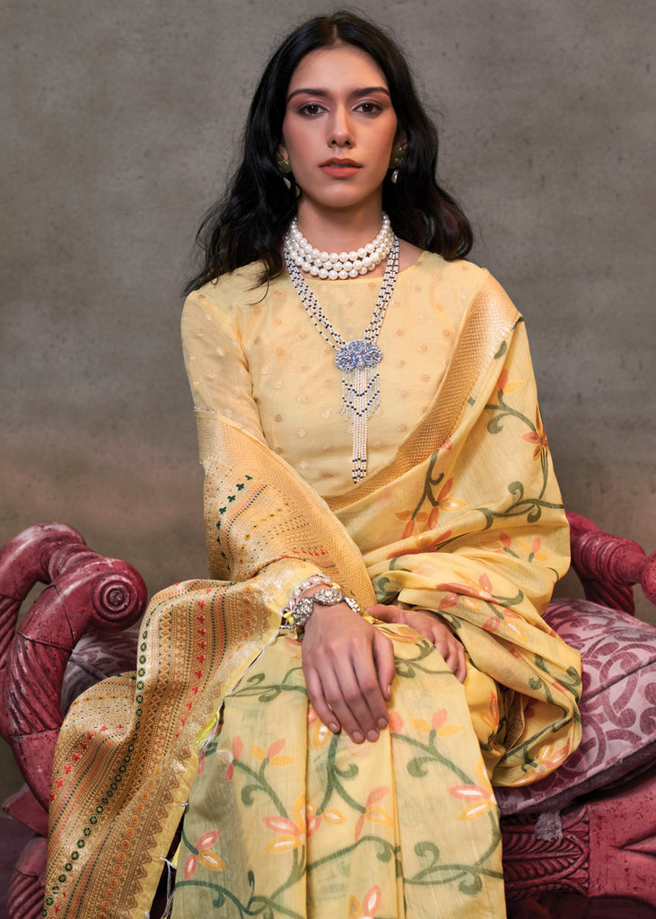 Vanilla Yelolw Elegant Jamdani Modal Cotton Silk Saree – Timeless Weave with Intricate Motifs ClothsVilla
