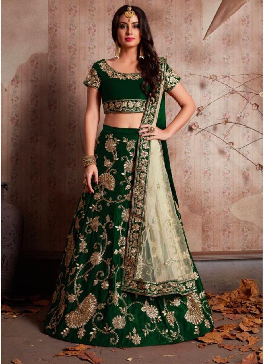 Velvet Silk Lehenga Choli Set with Embroidered Net Dupatta ClothsVilla Main image