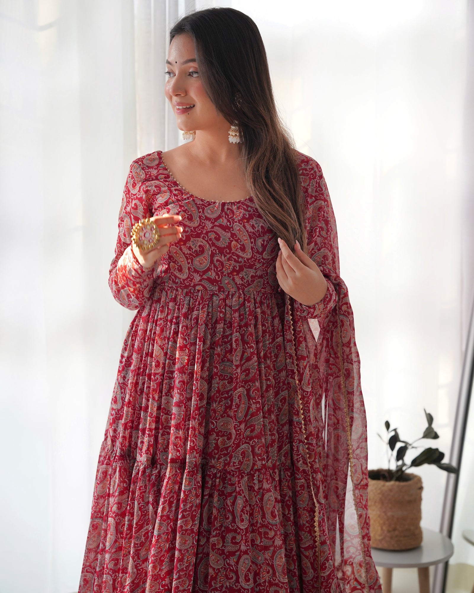 Venetian Red Dazzling Fox Georgette Kalamkari Anarkali Set for Festivities & Weddings ClothsVilla