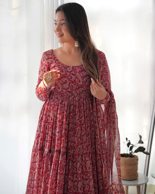 Venetian Red Dazzling Fox Georgette Kalamkari Anarkali Set for Festivities & Weddings ClothsVilla