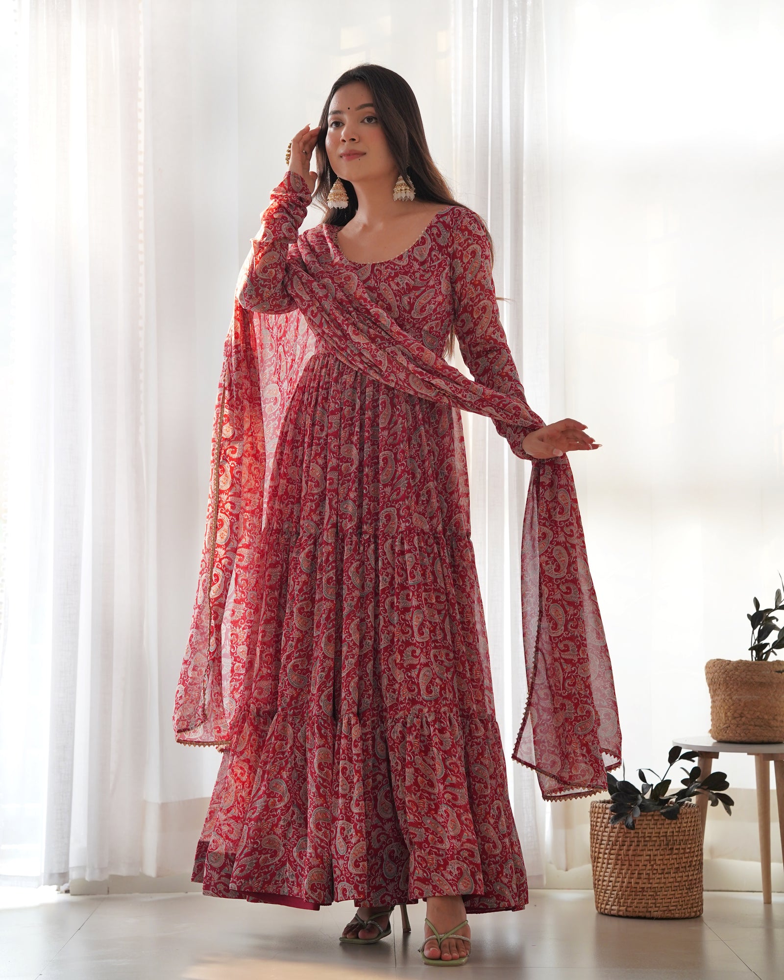 Venetian Red Dazzling Fox Georgette Kalamkari Anarkali Set for Festivities & Weddings ClothsVilla