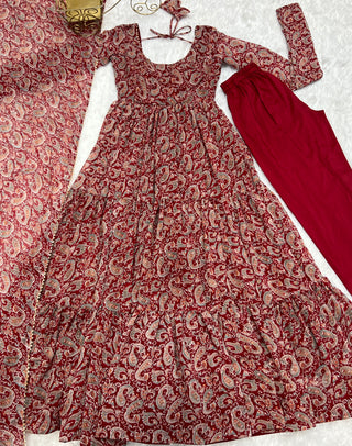 Venetian Red Dazzling Fox Georgette Kalamkari Anarkali Set for Festivities & Weddings ClothsVilla