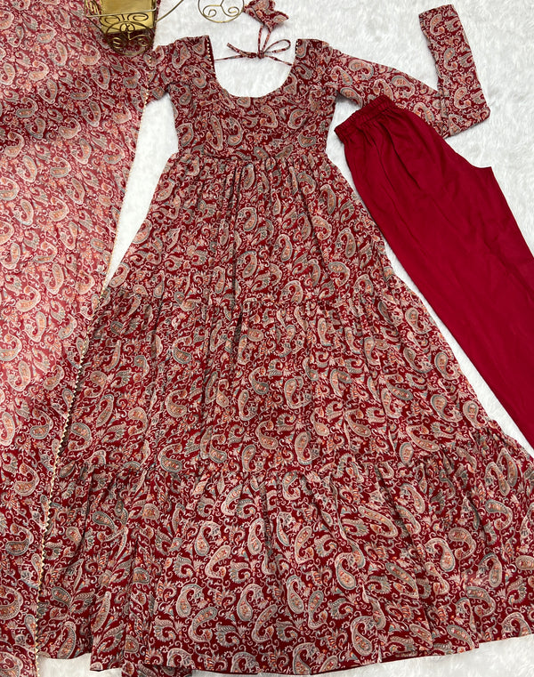 Venetian Red Dazzling Fox Georgette Kalamkari Anarkali Set for Festivities & Weddings ClothsVilla