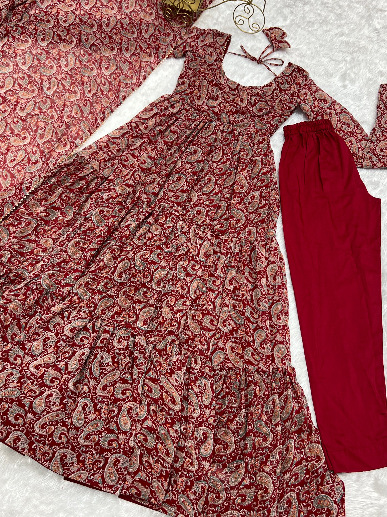 Venetian Red Dazzling Fox Georgette Kalamkari Anarkali Set for Festivities & Weddings ClothsVilla