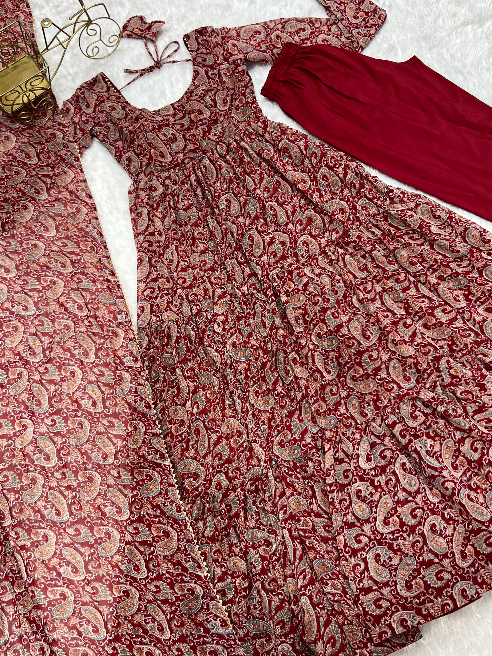 Venetian Red Dazzling Fox Georgette Kalamkari Anarkali Set for Festivities & Weddings ClothsVilla