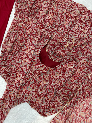 Venetian Red Dazzling Fox Georgette Kalamkari Anarkali Set for Festivities & Weddings ClothsVilla