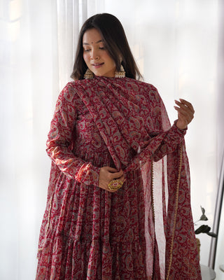 Venetian Red Dazzling Fox Georgette Kalamkari Anarkali Set for Festivities & Weddings ClothsVilla