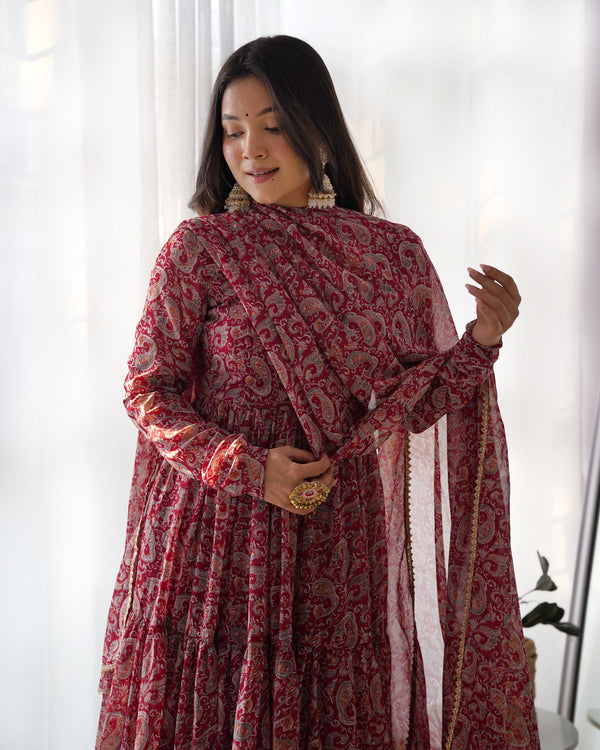 Venetian Red Dazzling Fox Georgette Kalamkari Anarkali Set for Festivities & Weddings ClothsVilla