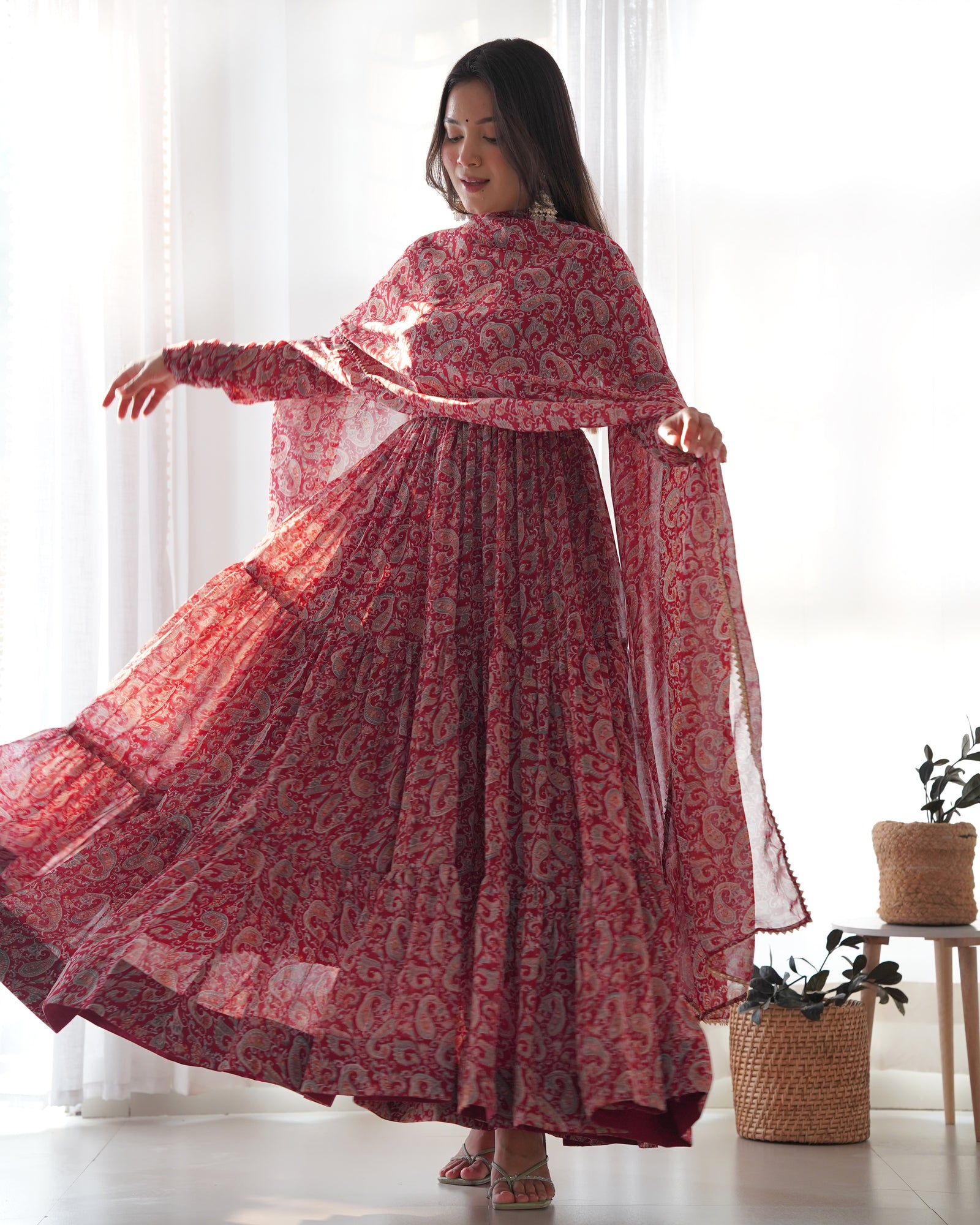 Venetian Red Dazzling Fox Georgette Kalamkari Anarkali Set for Festivities & Weddings ClothsVilla