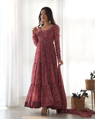 Venetian Red Dazzling Fox Georgette Kalamkari Anarkali Set for Festivities & Weddings ClothsVilla