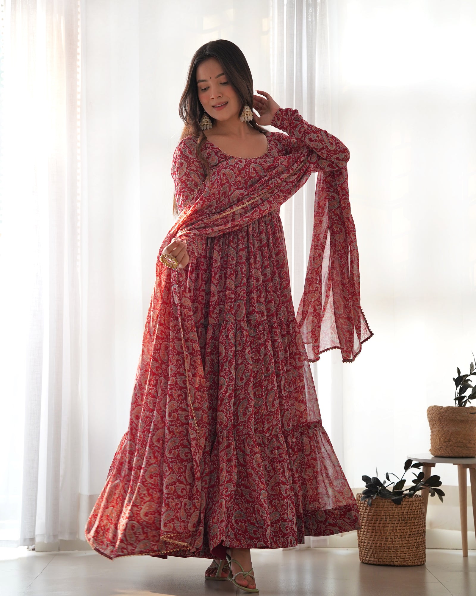 Venetian Red Dazzling Fox Georgette Kalamkari Anarkali Set for Festivities & Weddings ClothsVilla