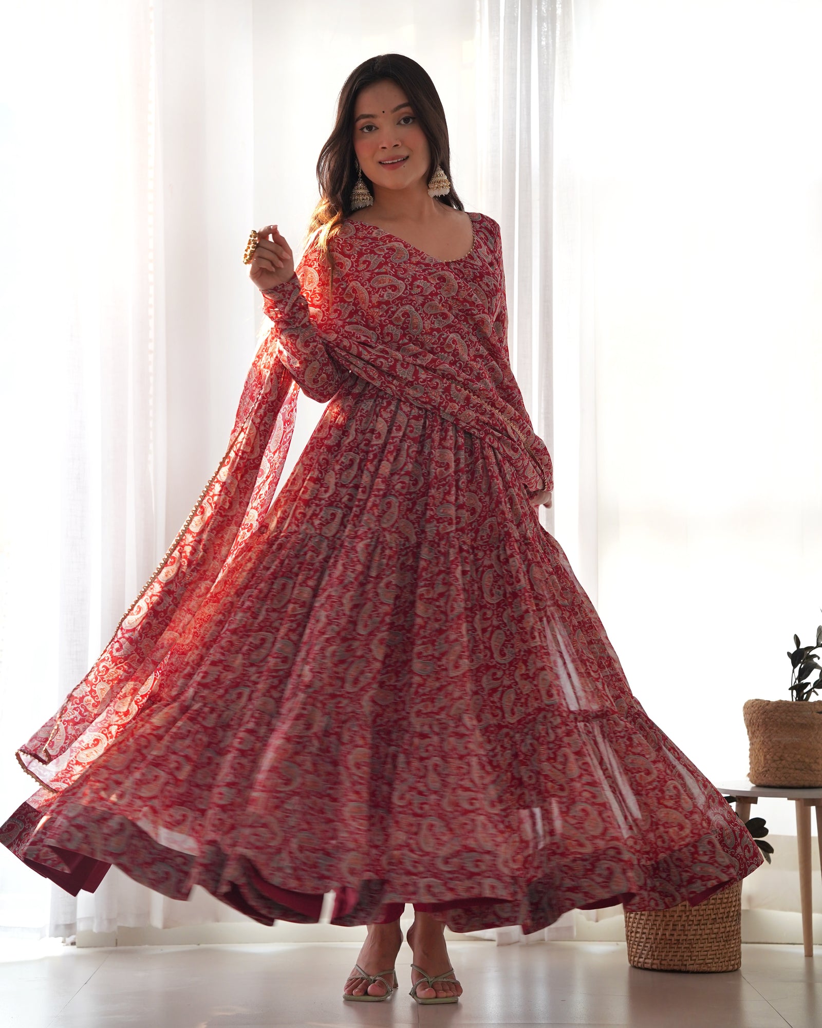 Venetian Red Dazzling Fox Georgette Kalamkari Anarkali Set for Festivities & Weddings ClothsVilla