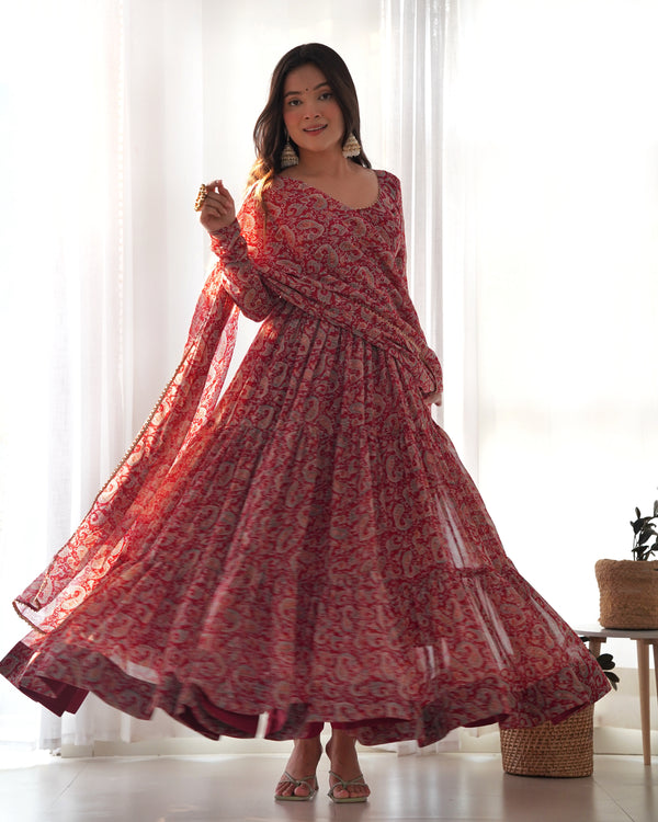 Venetian Red Dazzling Fox Georgette Kalamkari Anarkali Set for Festivities & Weddings ClothsVilla