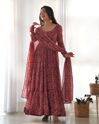Venetian Red Dazzling Fox Georgette Kalamkari Anarkali Set for Festivities & Weddings ClothsVilla