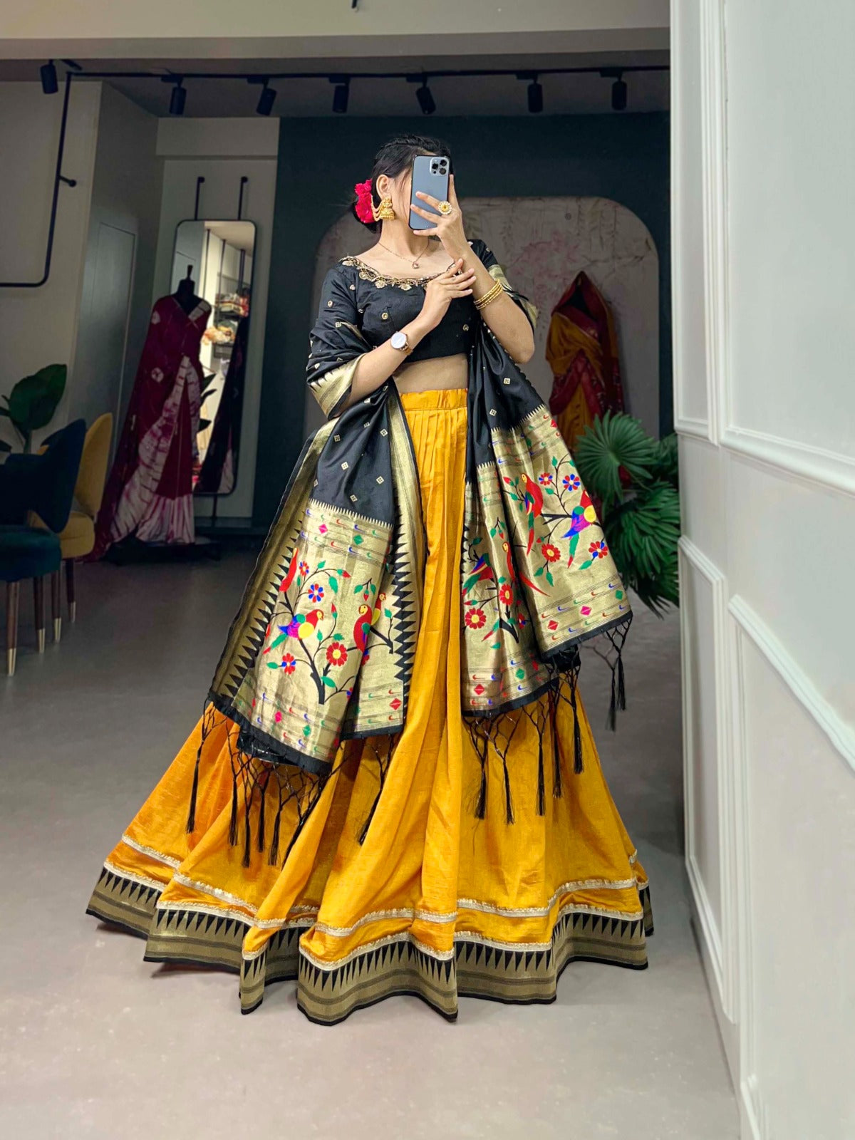 Vichitra Silk Mustard Lehenga Choli Set with Paithani Lace ClothsVilla