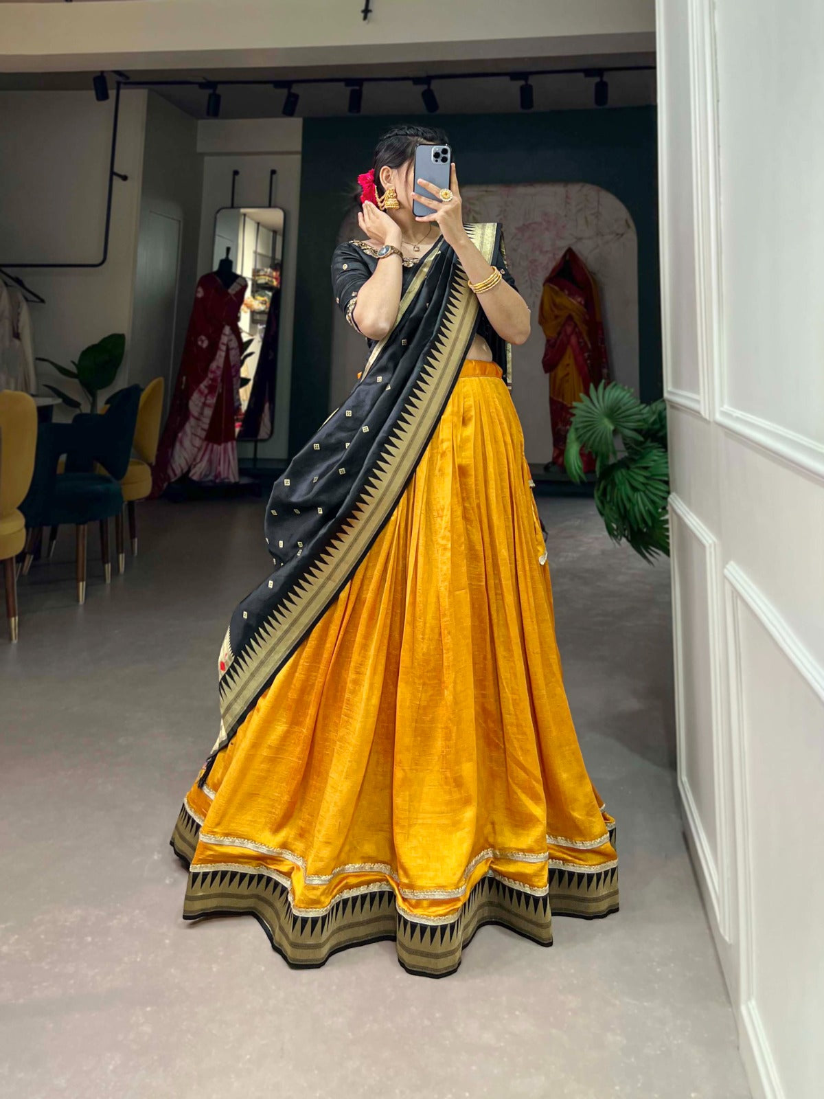 Vichitra Silk Mustard Lehenga Choli Set with Paithani Lace ClothsVilla