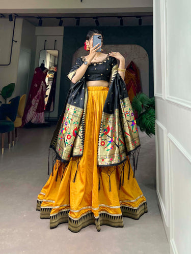 Vichitra Silk Mustard Lehenga Choli Set with Paithani Lace ClothsVilla