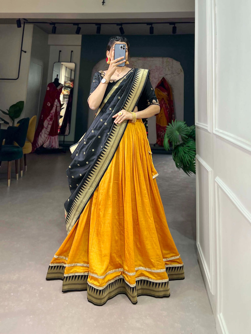 Vichitra Silk Mustard Lehenga Choli Set with Paithani Lace ClothsVilla