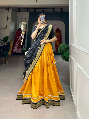 Vichitra Silk Mustard Lehenga Choli Set with Paithani Lace ClothsVilla