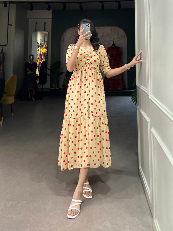 Vintage Cream Polka Dot Georgette Long Frock ClothsVilla