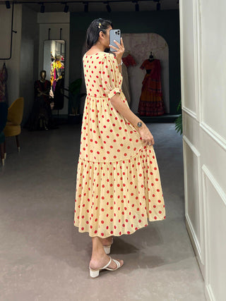 Vintage Cream Polka Dot Georgette Long Frock ClothsVilla